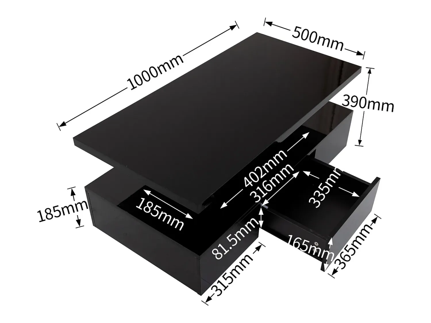 Mesa de centro com gavetas, lacado de alto brilho, mesa com dois níveis de arrumação, luz LED, 100 C x 50 L x 39 A cm^ Mesa De Centro
