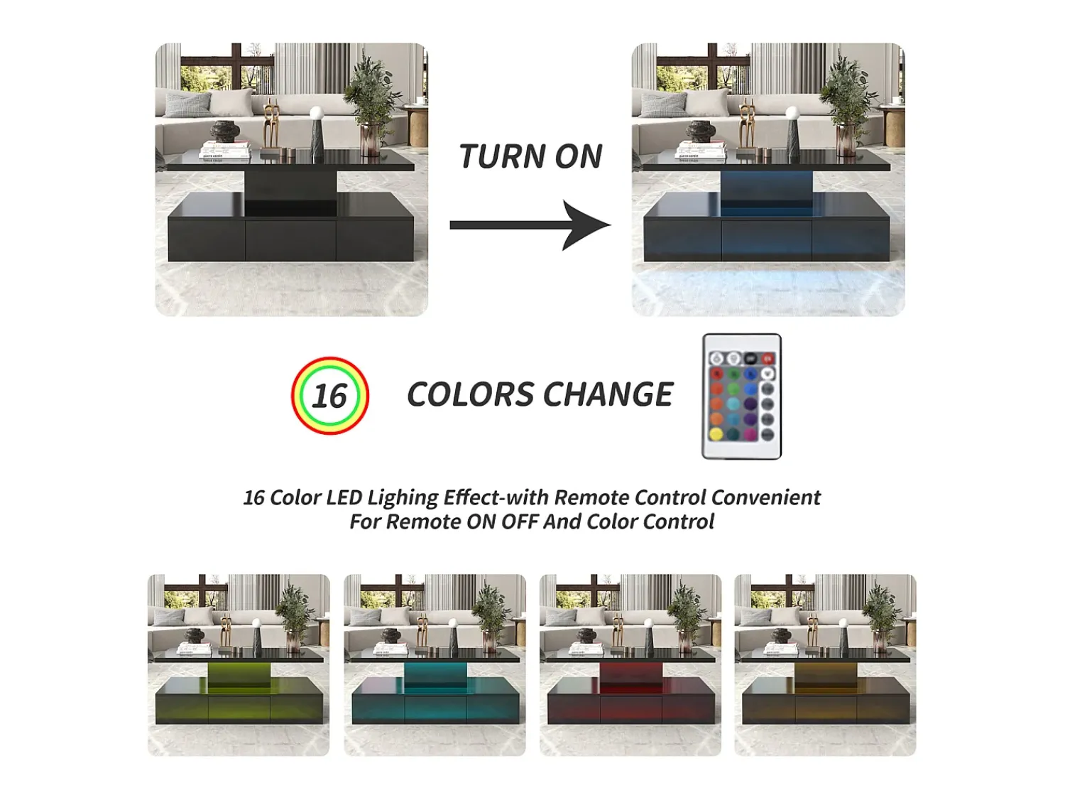 Mesa de centro com gavetas, lacado de alto brilho, mesa com dois níveis de arrumação, luz LED, 100 C x 50 L x 39 A cm^ Mesa De Centro