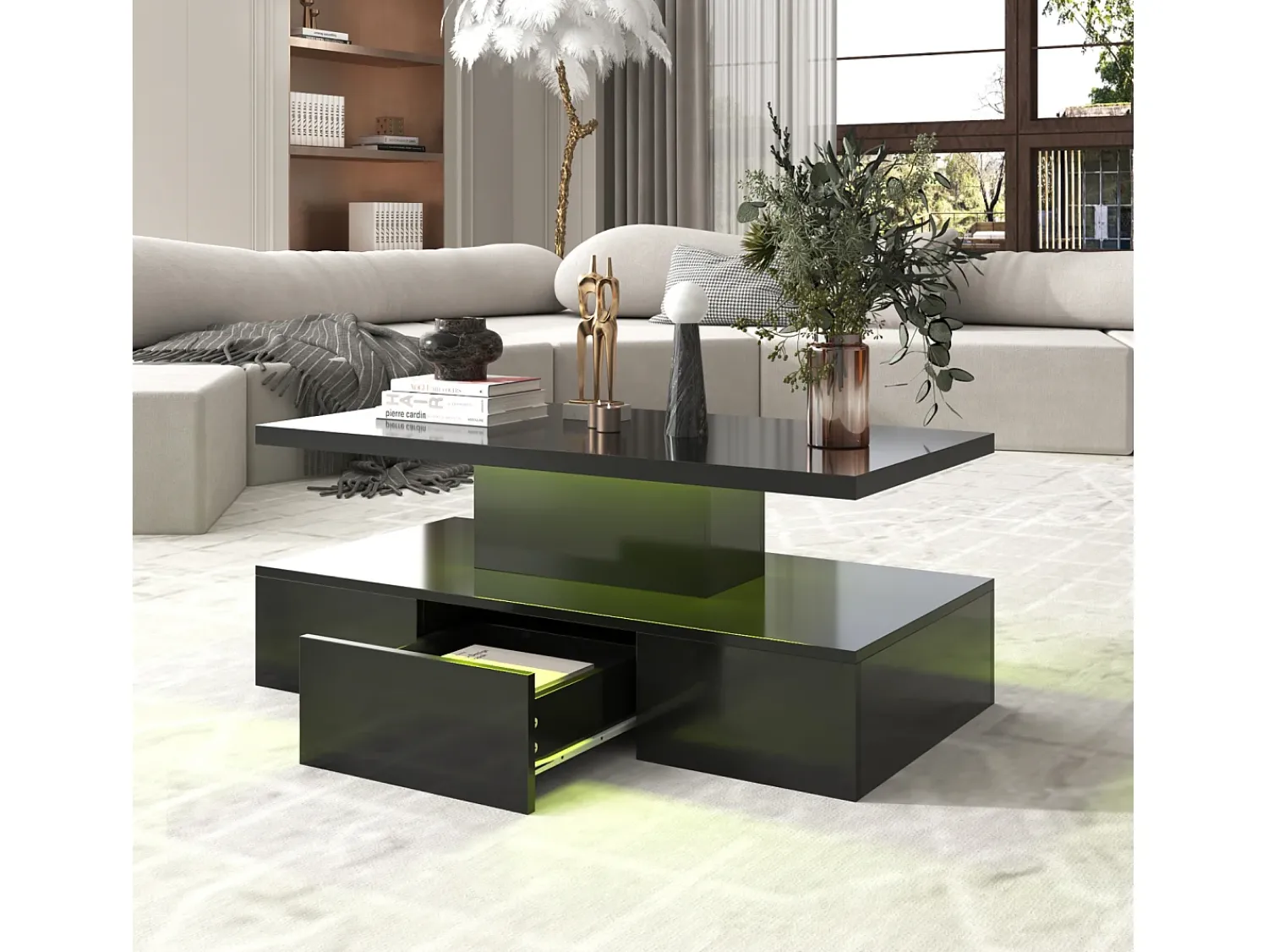 Mesa de centro com gavetas, lacado de alto brilho, mesa com dois níveis de arrumação, luz LED, 100 C x 50 L x 39 A cm^ Mesa De Centro