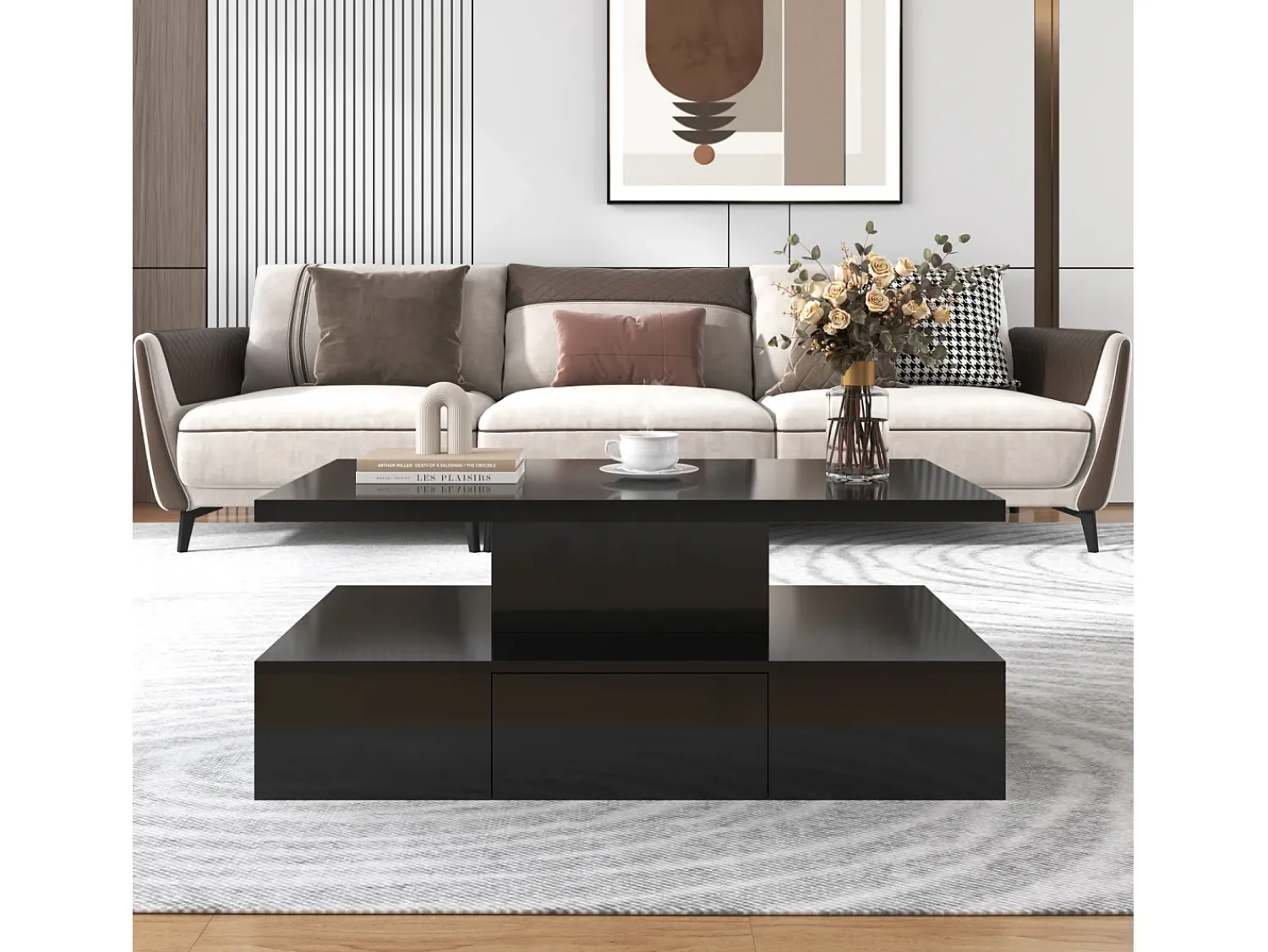 Mesa de centro com gavetas, lacado de alto brilho, mesa com dois níveis de arrumação, luz LED, 100 C x 50 L x 39 A cm^ Mesa De Centro