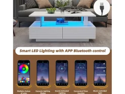 Hot Mesa de centro com iluminação LED, função de armazenamento, mesa de centro retangular de dois níveis, branca Branco