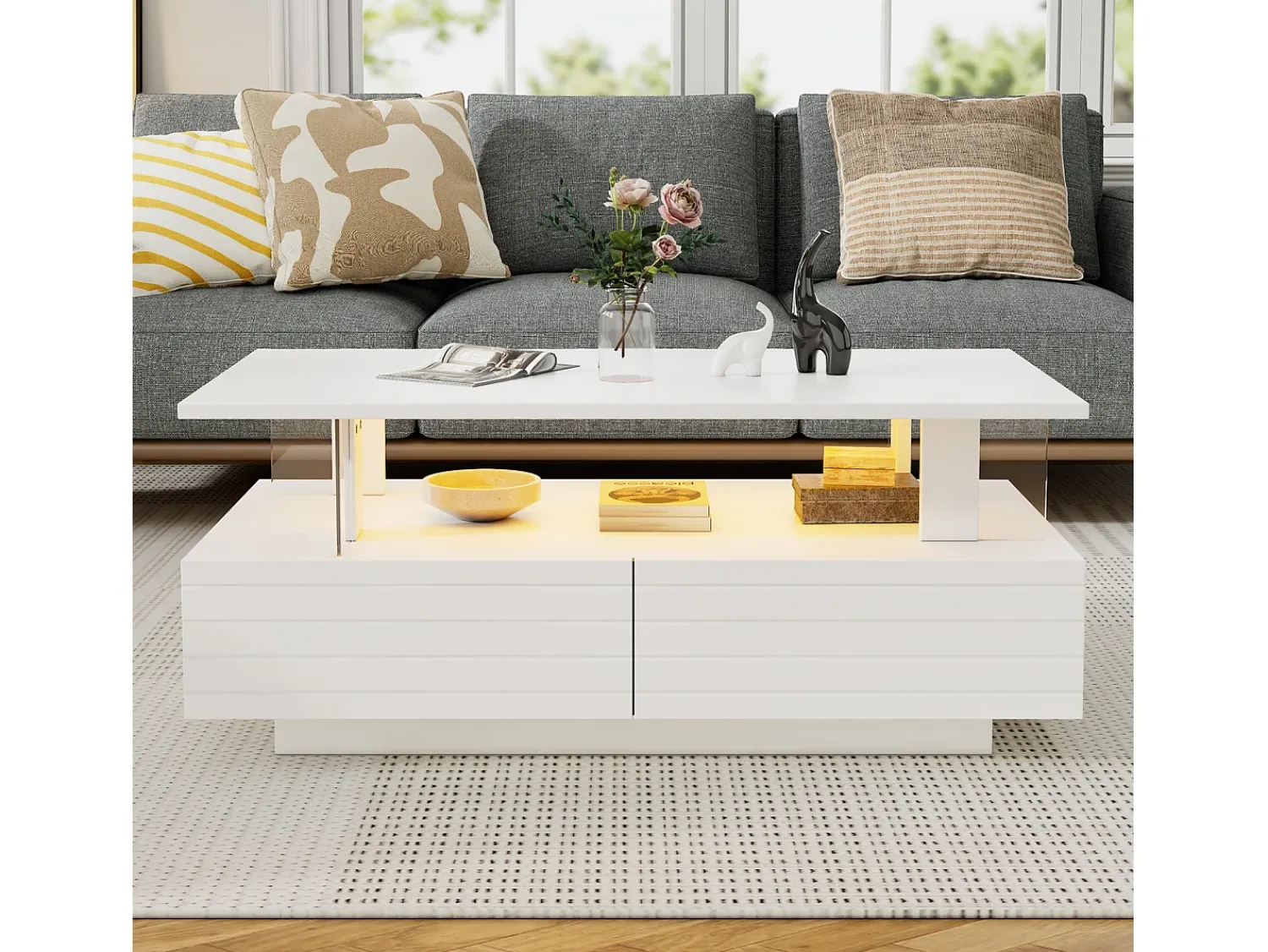 Hot Mesa de centro com iluminação LED, função de armazenamento, mesa de centro retangular de dois níveis, branca Branco
