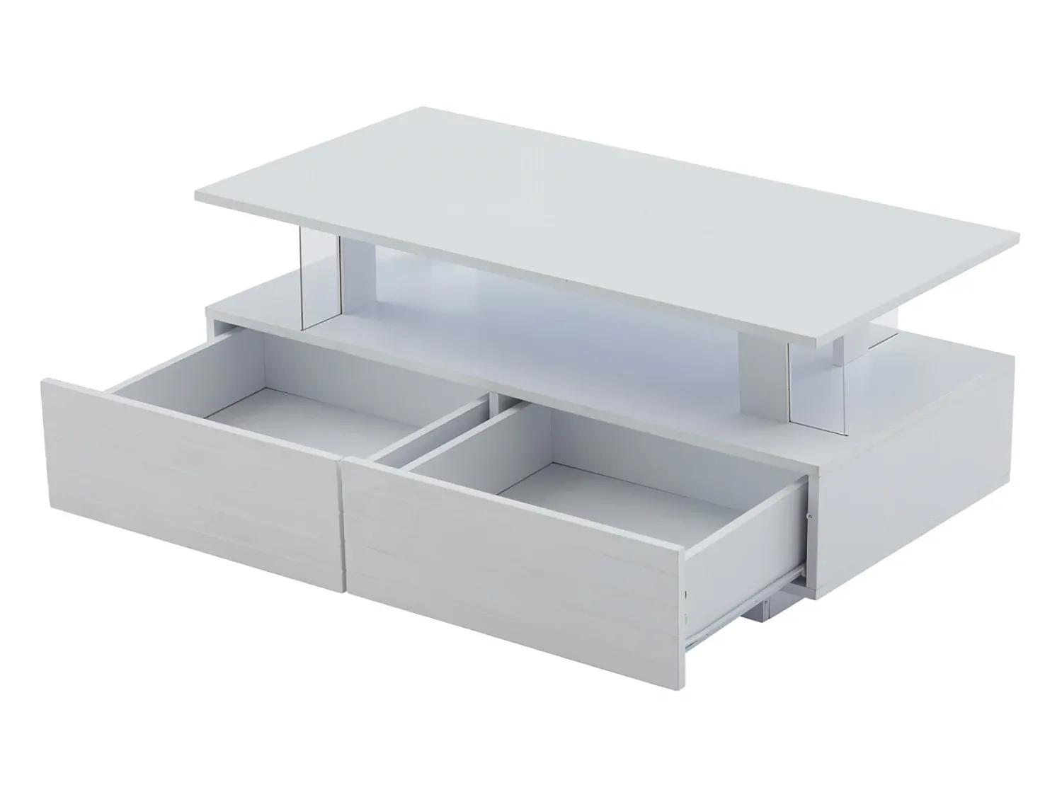 Hot Mesa de centro com iluminação LED, função de armazenamento, mesa de centro retangular de dois níveis, branca Branco