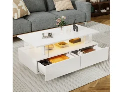 Hot Mesa de centro com iluminação LED, função de armazenamento, mesa de centro retangular de dois níveis, branca Branco