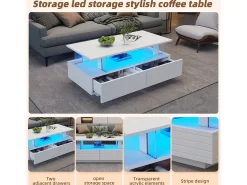 Hot Mesa de centro com iluminação LED, função de armazenamento, mesa de centro retangular de dois níveis, branca Branco