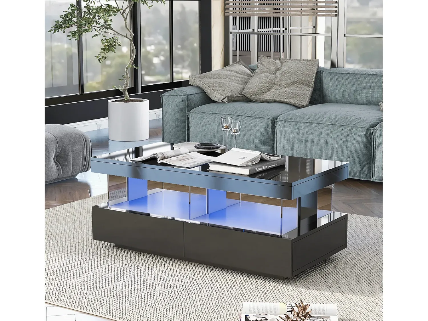 Mesa De Centro|Hauss Spole Mesa de centro com iluminação LED e 2 gavetas - Acabamento em brilhante Preto