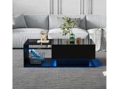 Online Hauss Spole Mesa de centro com iluminação LED e 1 gaveta - Acabamento em brilhante - Tampo semi-transparente Preto