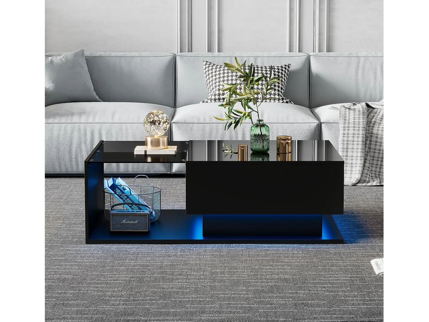 Online Hauss Spole Mesa de centro com iluminação LED e 1 gaveta - Acabamento em brilhante - Tampo semi-transparente Preto