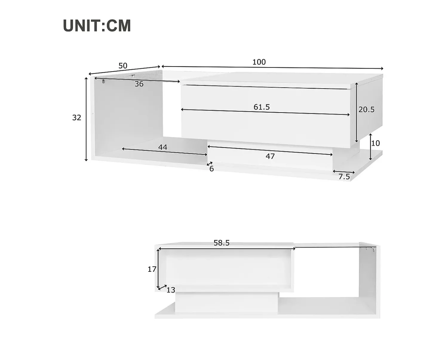 Hot ModernLuxe Mesa de centro com iluminação LED - com tampo de vidro e gavetas - Branca Branco
