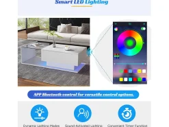 Hot ModernLuxe Mesa de centro com iluminação LED - com tampo de vidro e gavetas - Branca Branco