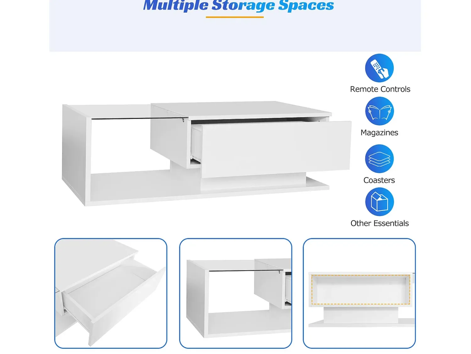 Hot ModernLuxe Mesa de centro com iluminação LED - com tampo de vidro e gavetas - Branca Branco