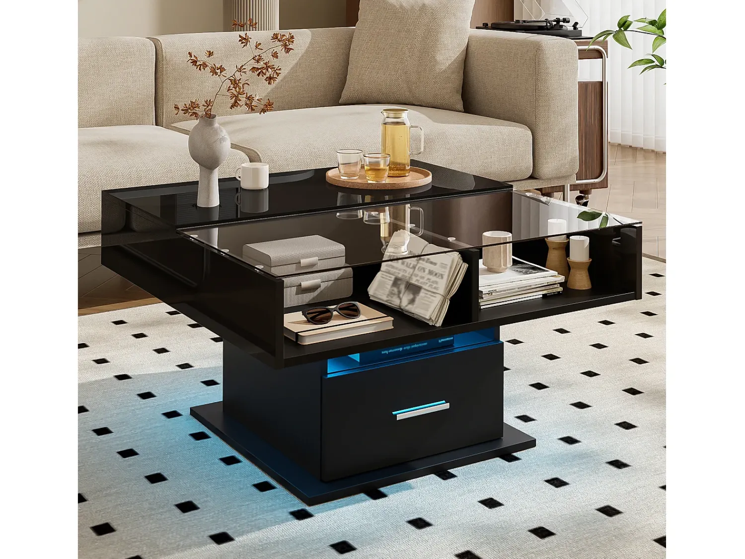 Best Mesa de centro com iluminação LED - Mesa de centro com altura ajustável e uma gaveta - Arrumação aberta - Preto