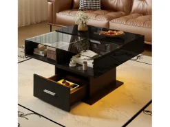 Best Mesa de centro com iluminação LED - Mesa de centro com altura ajustável e uma gaveta - Arrumação aberta - Preto