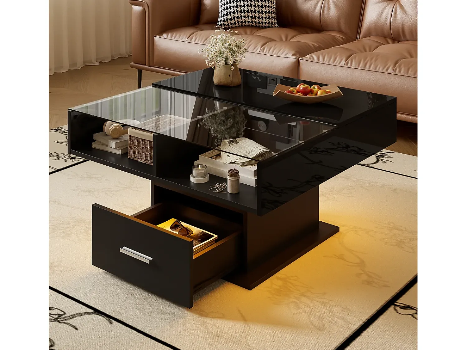 Best Mesa de centro com iluminação LED - Mesa de centro com altura ajustável e uma gaveta - Arrumação aberta - Preto