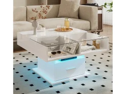Mesa De Centro* Mesa de centro com iluminação LED - Mesa de centro com altura ajustável e uma gaveta - Arrumação aberta - Branco