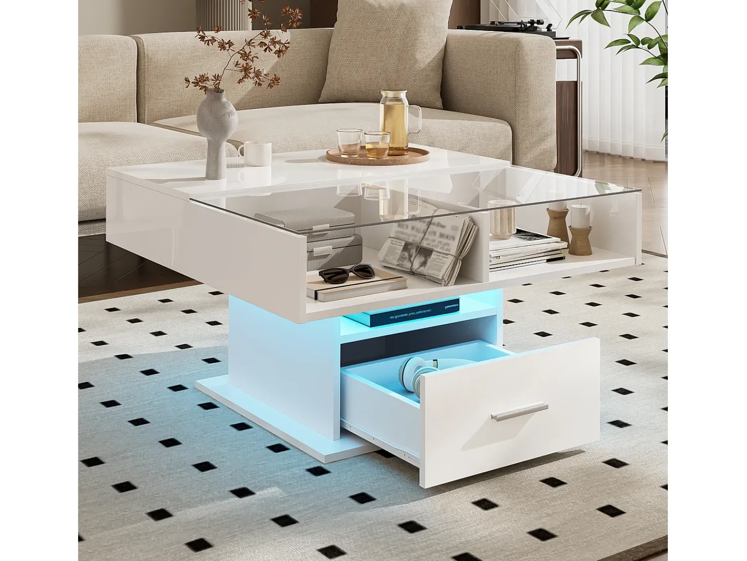 Mesa De Centro* Mesa de centro com iluminação LED - Mesa de centro com altura ajustável e uma gaveta - Arrumação aberta - Branco