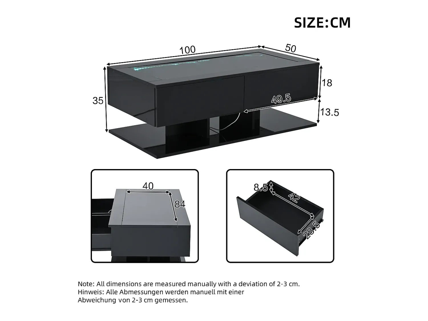 Hauss Spole Mesa de centro com iluminação LED em lacado , 100x50x35 cm, com 2 gavetas e tampo em vidro.^ Mesa De Centro