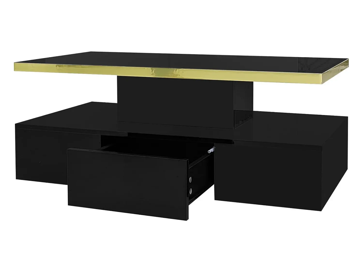 New Mesa de centro com iluminação LED, mesa com gavetas, mesa lateral com duas prateleiras, preta Preto