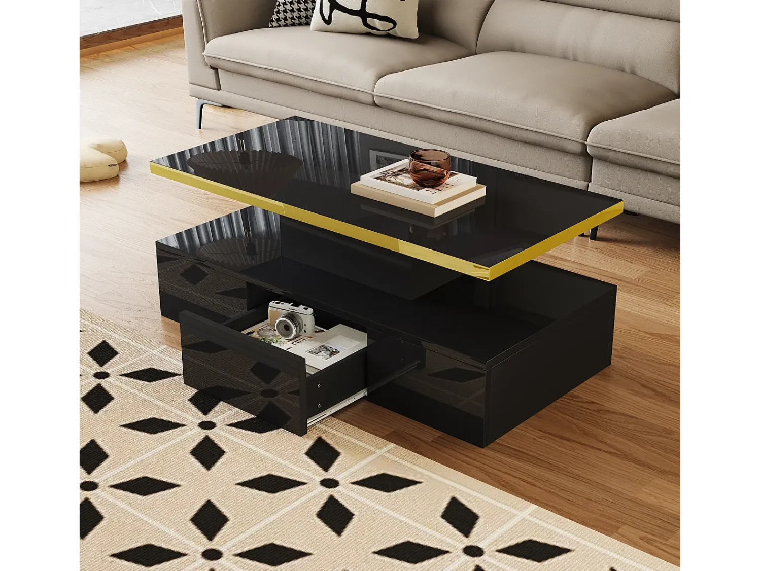 New Mesa de centro com iluminação LED, mesa com gavetas, mesa lateral com duas prateleiras, preta Preto