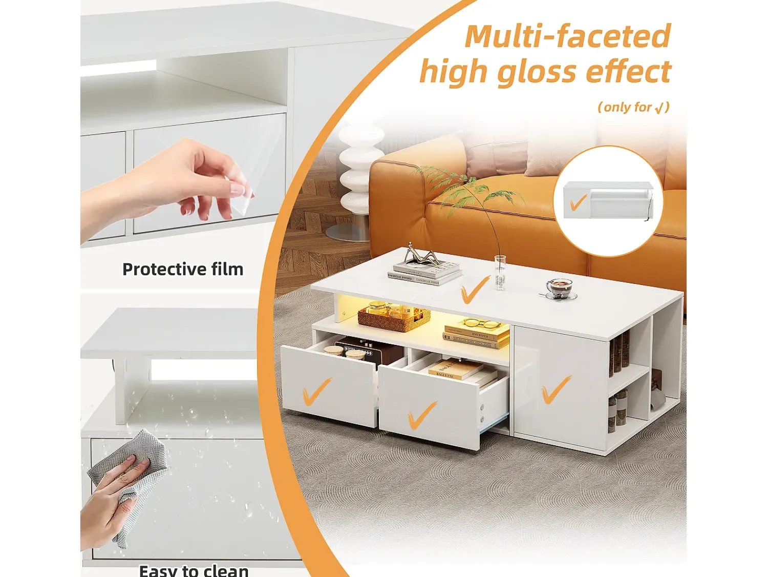 Mesa De Centro* Mesa de centro com iluminação LED, mesa de sofá brilhante com 2 gavetas, 100 x 50 x 35 cm, para sala de estar, branca. Branco
