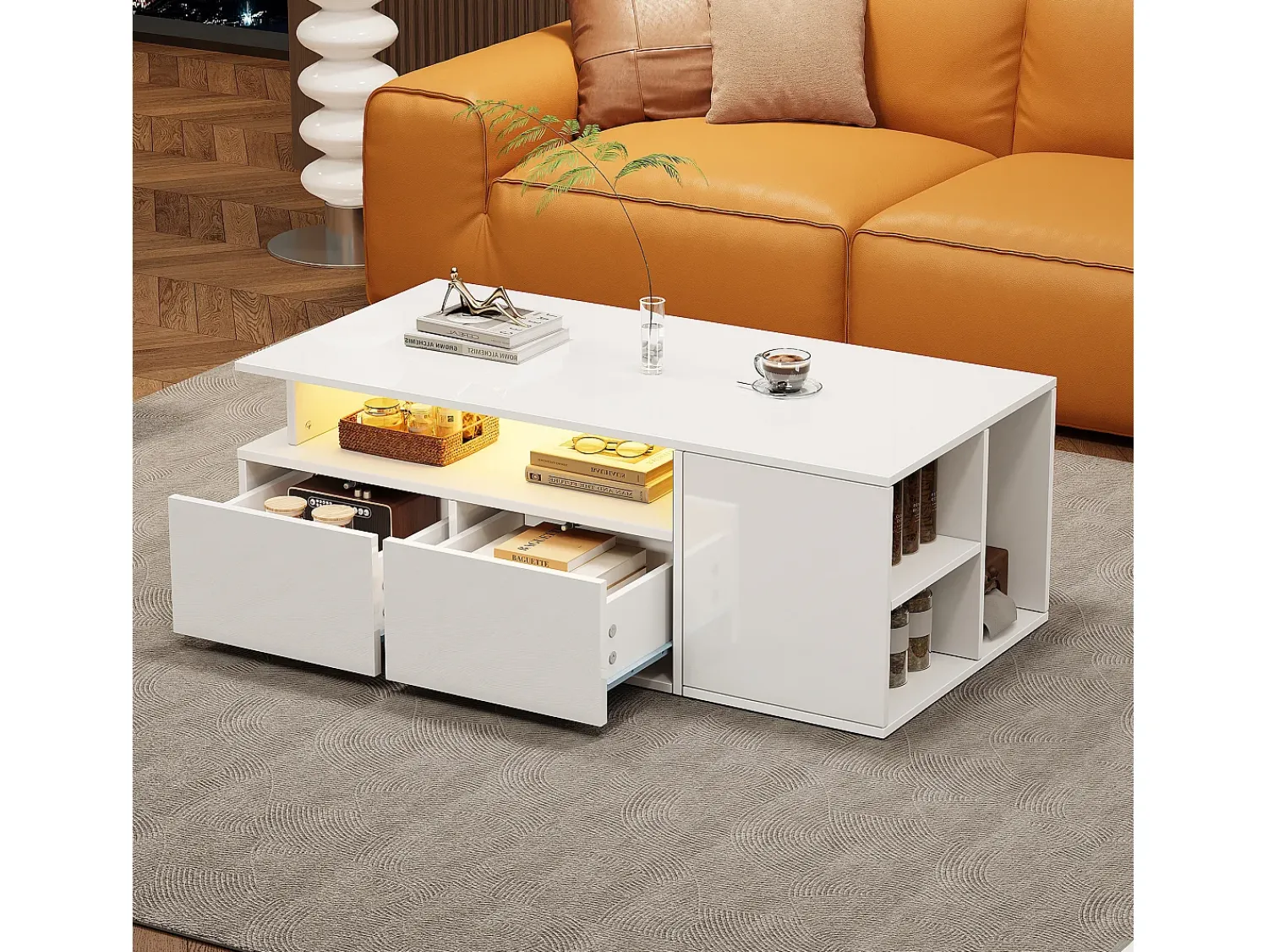 Mesa De Centro* Mesa de centro com iluminação LED, mesa de sofá brilhante com 2 gavetas, 100 x 50 x 35 cm, para sala de estar, branca. Branco