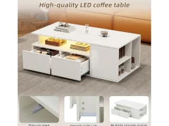 Mesa De Centro* Mesa de centro com iluminação LED, mesa de sofá brilhante com 2 gavetas, 100 x 50 x 35 cm, para sala de estar, branca. Branco