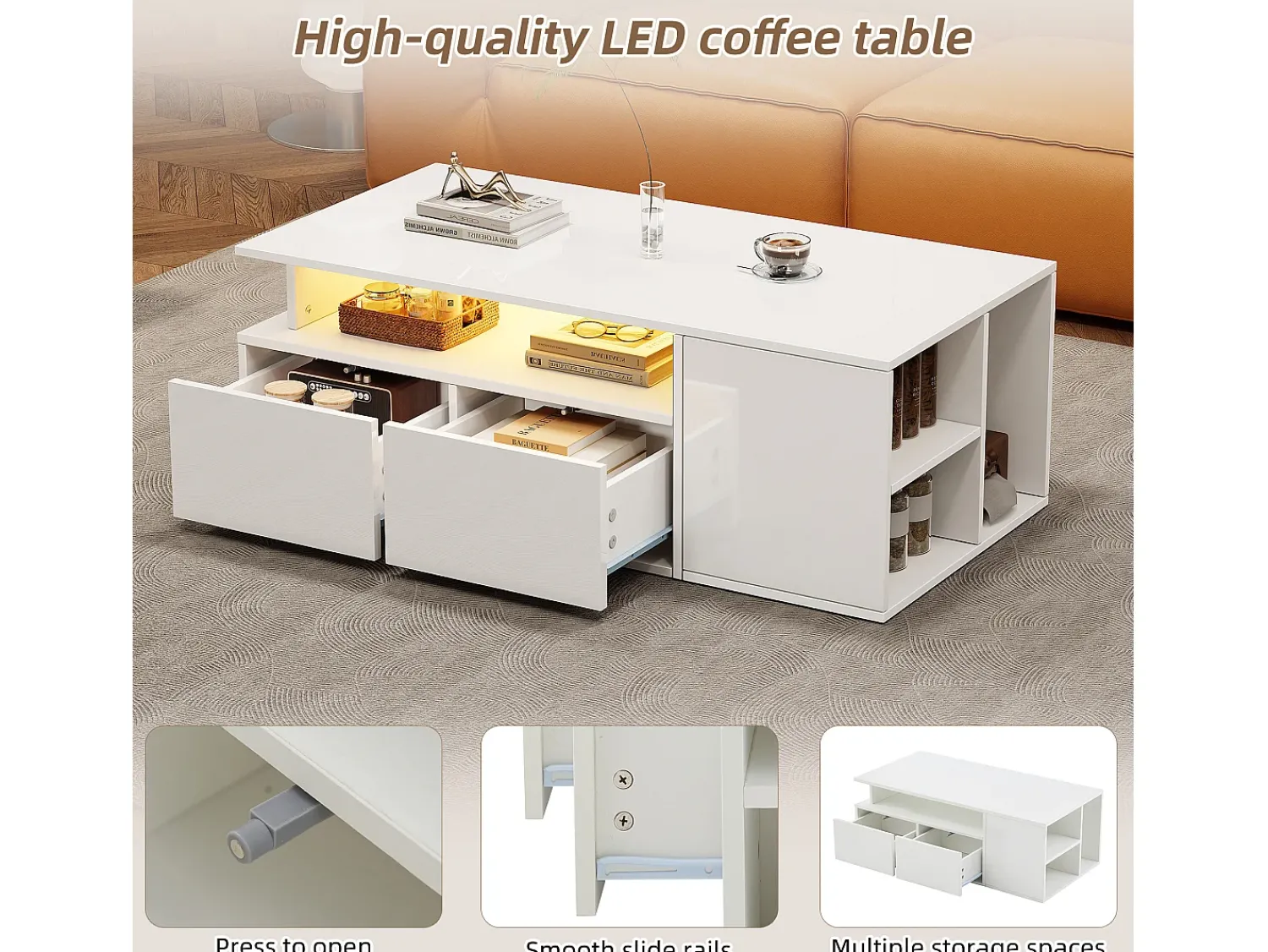 Mesa De Centro* Mesa de centro com iluminação LED, mesa de sofá brilhante com 2 gavetas, 100 x 50 x 35 cm, para sala de estar, branca. Branco