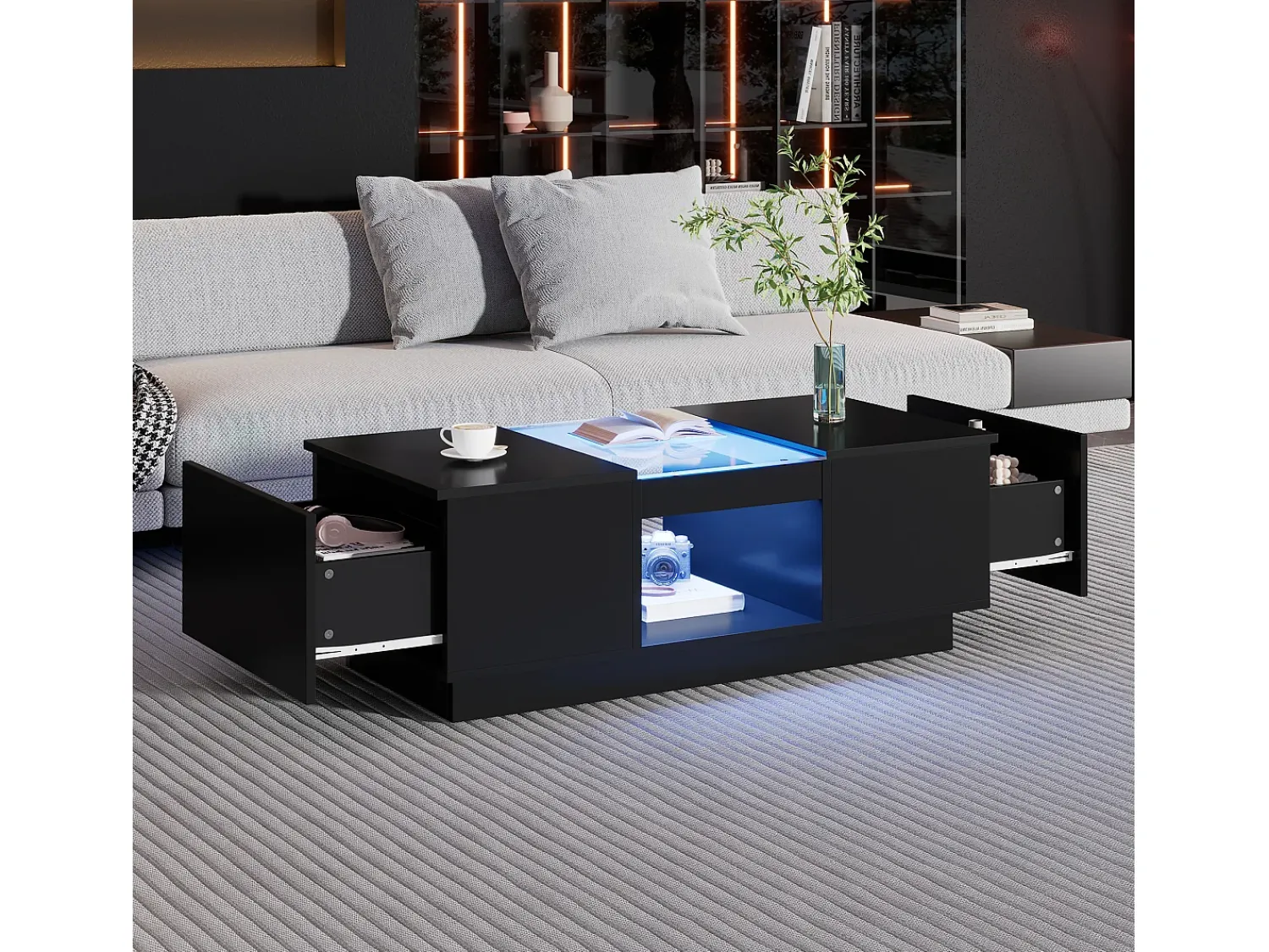 Best ModernLuxe Mesa de centro com LED - 2 gavetas e 1 compartimento aberto - Preto