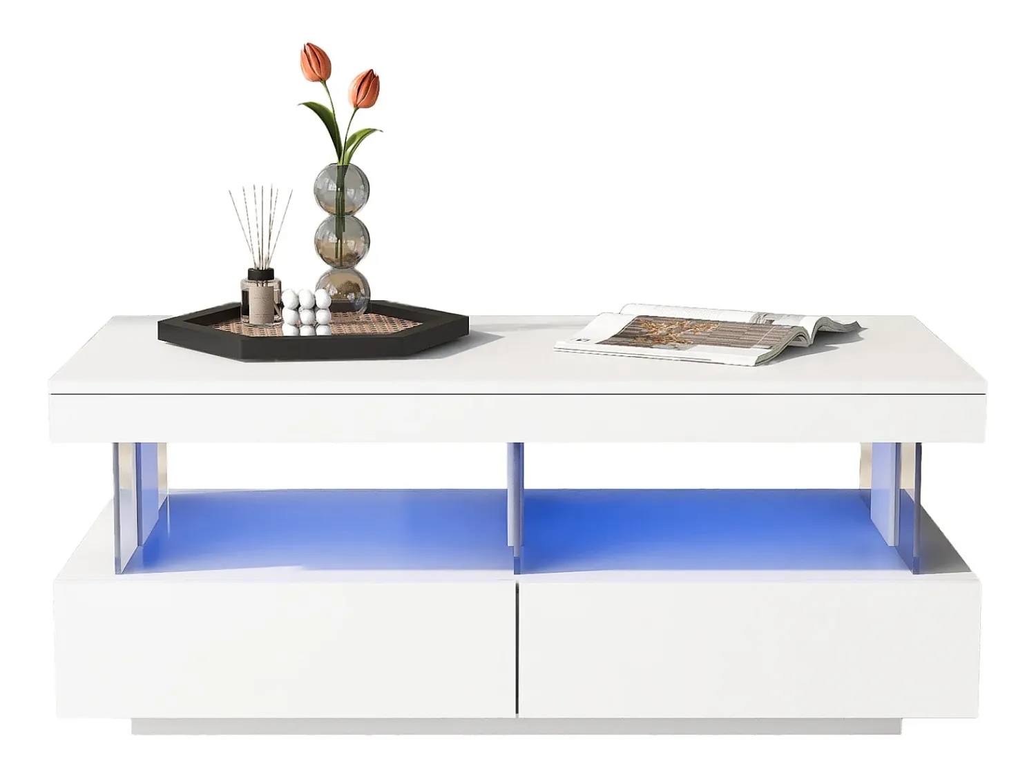 Mesa De Centro|ModernLuxe Mesa de centro com LED - 2 gavetas e 2 compartimentos - estilo moderno - Branco