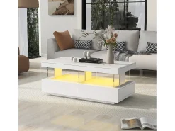 Mesa De Centro|ModernLuxe Mesa de centro com LED - 2 gavetas e 2 compartimentos - estilo moderno - Branco