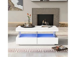 Mesa De Centro|ModernLuxe Mesa de centro com LED - 2 gavetas e 2 compartimentos - estilo moderno - Branco