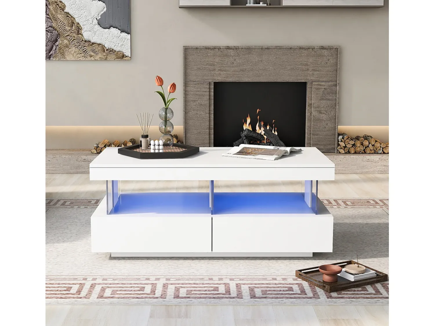 Mesa De Centro|ModernLuxe Mesa de centro com LED - 2 gavetas e 2 compartimentos - estilo moderno - Branco