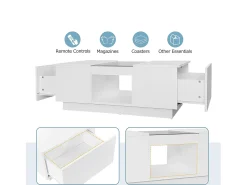 Mesa De Centro|ModernLuxe Mesa de centro com LED - 2 gavetas e 1 compartimento aberto - Branco