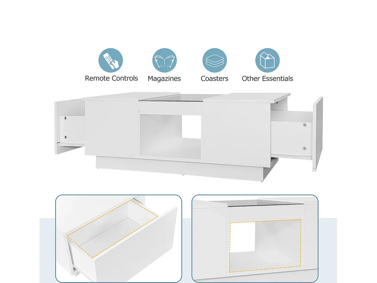 Mesa De Centro|ModernLuxe Mesa de centro com LED - 2 gavetas e 1 compartimento aberto - Branco