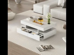 Mesa De Centro*ModernLuxe Mesa de centro com LED - acabamento brilhante - 4 gavetas frontais e traseiras - Branco