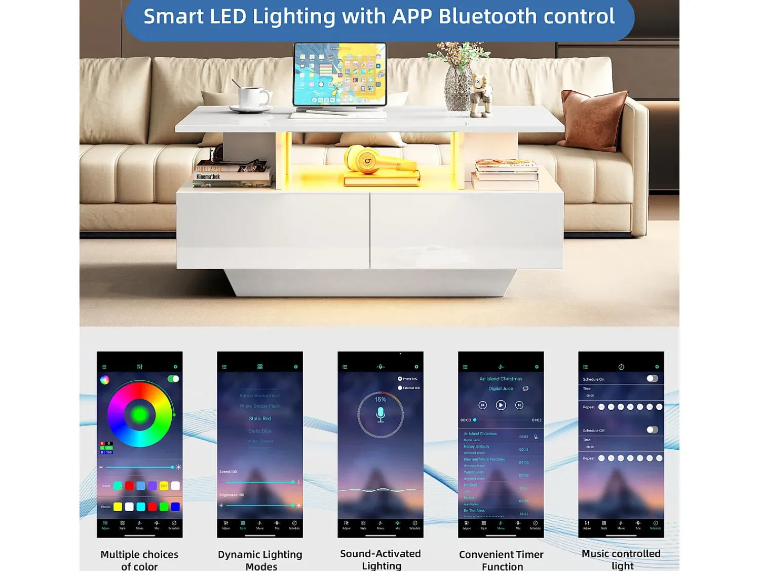 ModernLuxe Mesa de centro com LED - com 2 gavetas -^ Mesa De Centro