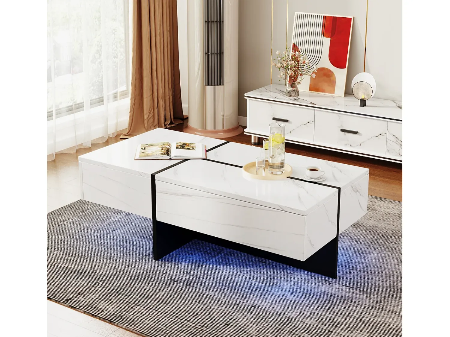 Mesa De Centro| Mesa de centro com LED, espaço de armazenamento, acabamento brilhante e gavetas, estilo moderno, branca. Branco