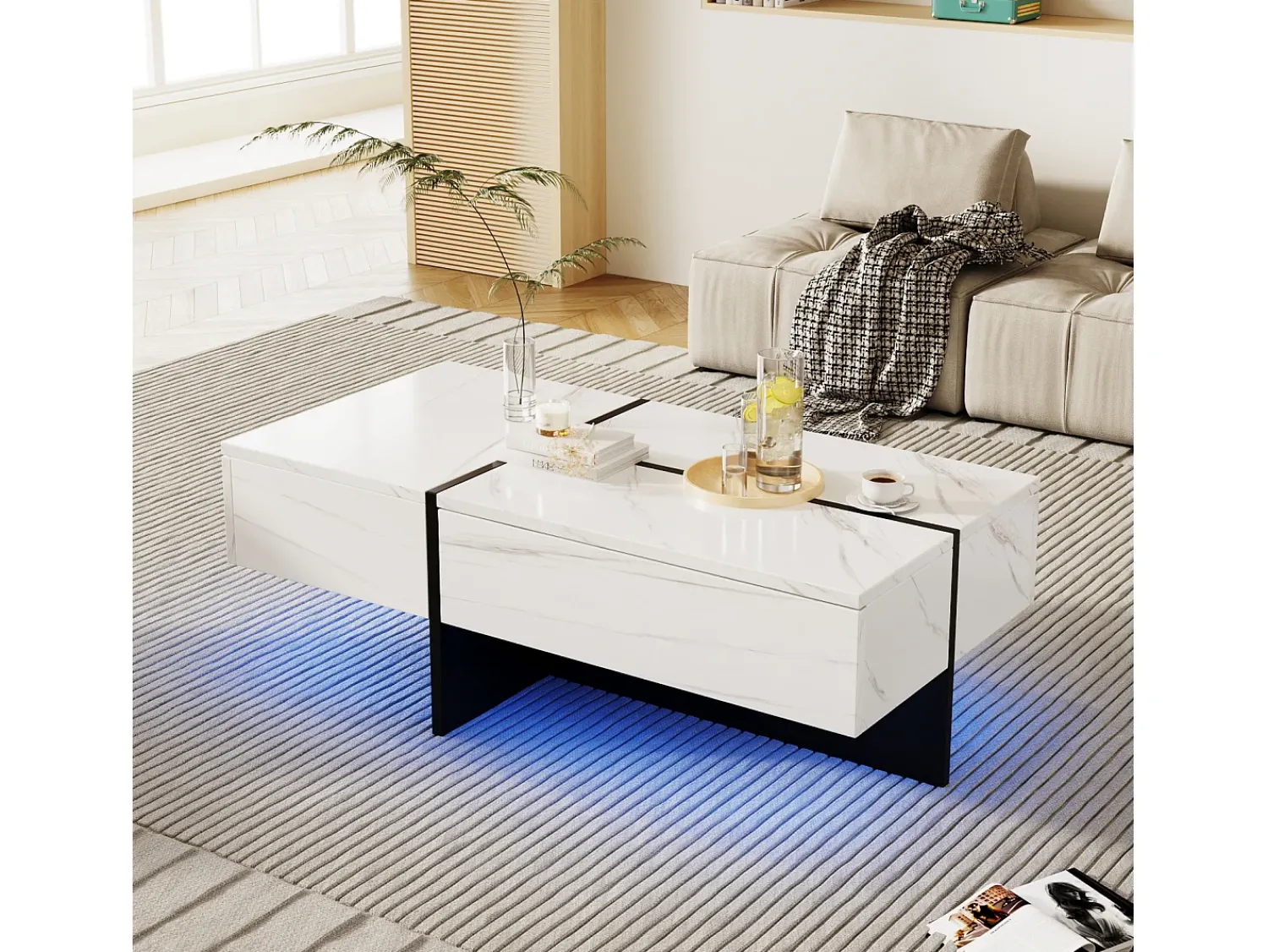 Mesa De Centro| Mesa de centro com LED, espaço de armazenamento, acabamento brilhante e gavetas, estilo moderno, branca. Branco