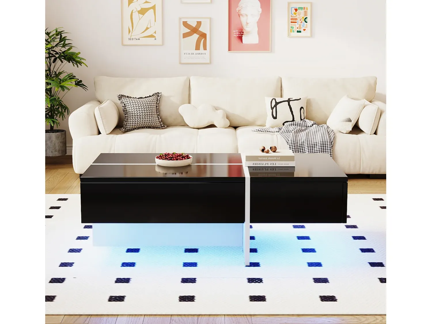 Mesa De Centro* Mesa de centro com LED, espaço de armazenamento, acabamento brilhante e gavetas, estilo moderno, preta. Preto