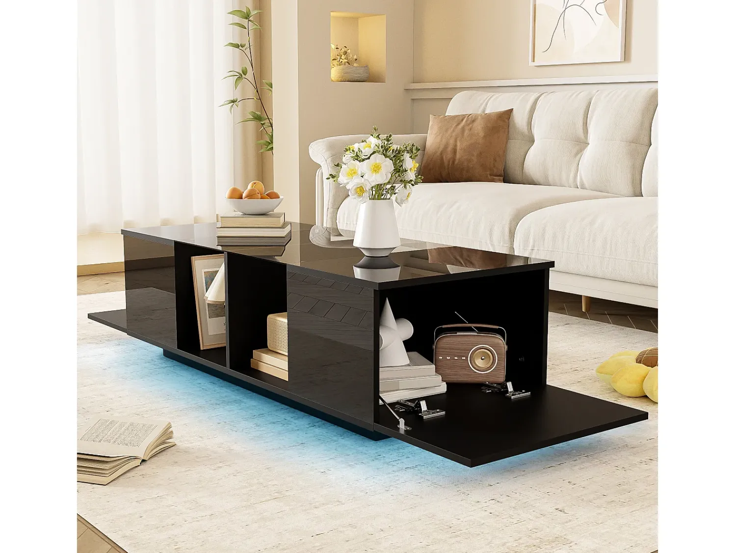 Outlet ModernLuxe Mesa de centro com LED multicolorido - 2 portas basculantes e prateleira em vidro - Preto