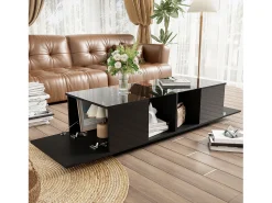 Outlet ModernLuxe Mesa de centro com LED multicolorido - 2 portas basculantes e prateleira em vidro - Preto