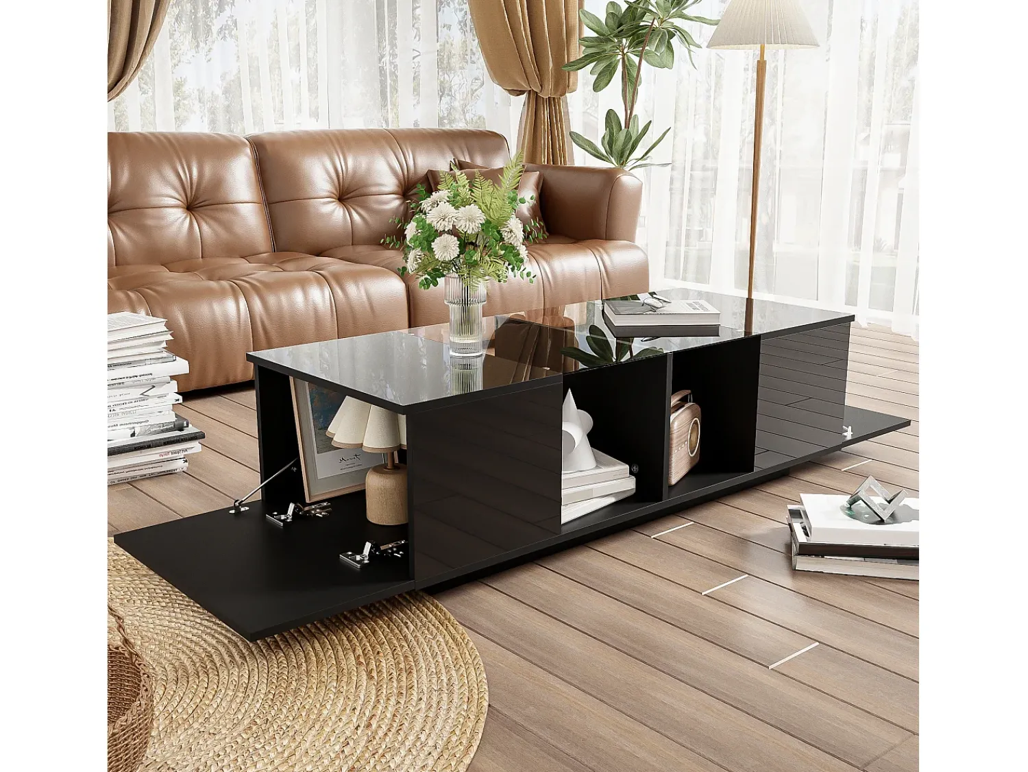 Outlet ModernLuxe Mesa de centro com LED multicolorido - 2 portas basculantes e prateleira em vidro - Preto