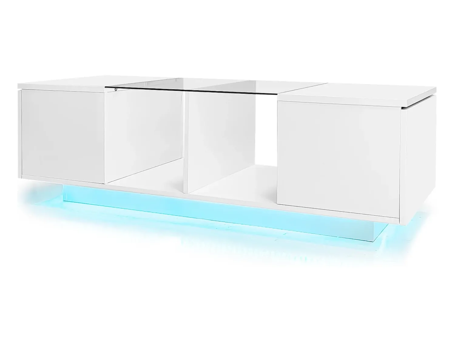 ModernLuxe Mesa de centro com LED multicolorido - 2 portas basculantes e prateleira em vidro - Branco