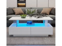 Mesa De Centro*Merax Mesa de centro com LEDs - 100 x 50 x 42,5 cm - mesa de sala de estar com dois níveis e 1 gaveta - Acrílico - Branco