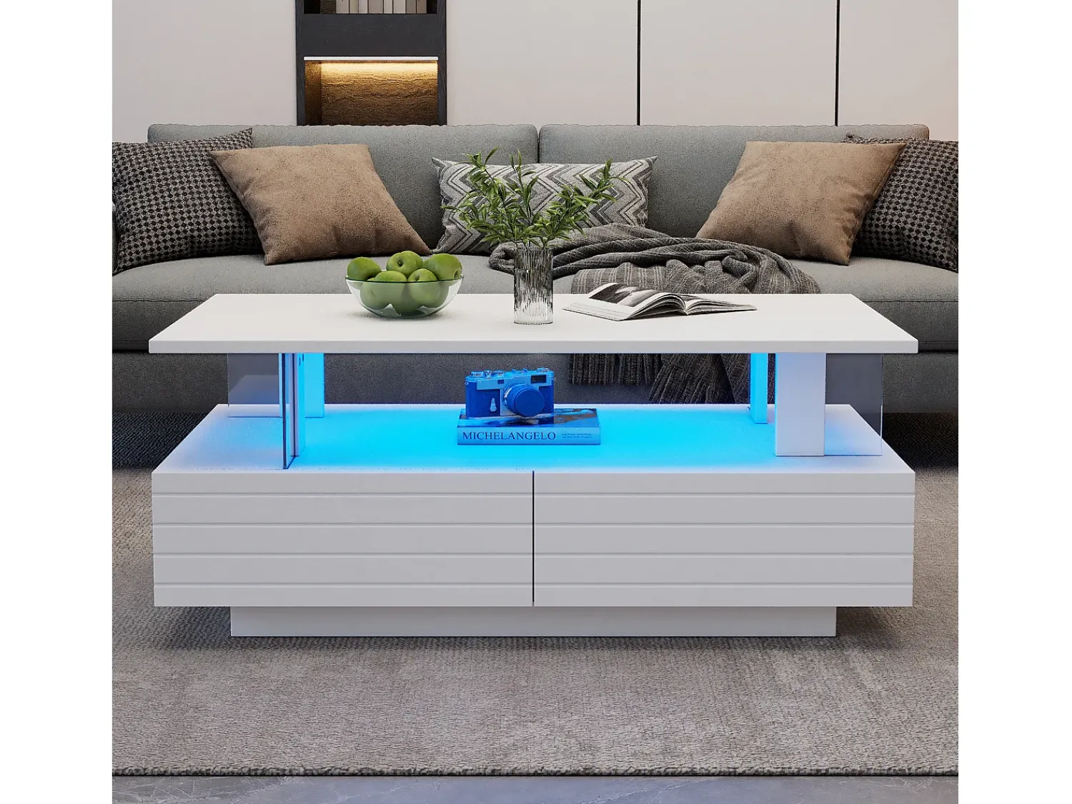 Mesa De Centro*Merax Mesa de centro com LEDs - 100 x 50 x 42,5 cm - mesa de sala de estar com dois níveis e 1 gaveta - Acrílico - Branco