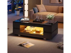 Mesa De Centro|Merax Mesa de centro com LEDs - 100 x 50 x 35 cm - Mesa dupla com Bluetooth - Aglomerado + vidro temperado - Preto