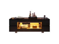 Mesa De Centro|Merax Mesa de centro com LEDs - 100 x 50 x 35 cm - Mesa dupla com Bluetooth - Aglomerado + vidro temperado - Preto