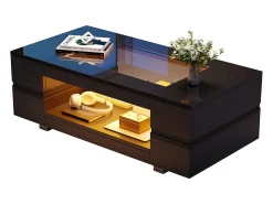 Mesa De Centro|Merax Mesa de centro com LEDs - 100 x 50 x 35 cm - Mesa dupla com Bluetooth - Aglomerado + vidro temperado - Preto