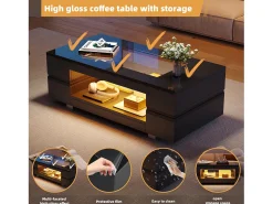 Mesa De Centro|Merax Mesa de centro com LEDs - 100 x 50 x 35 cm - Mesa dupla com Bluetooth - Aglomerado + vidro temperado - Preto