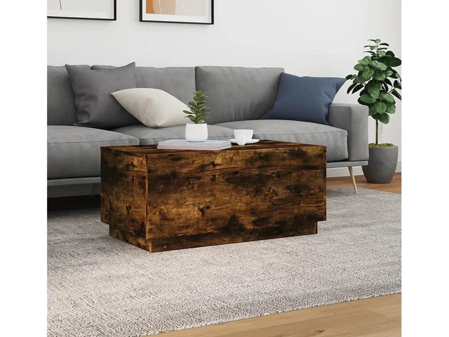 New Mesa de centro com luzes LED 90x50x40 cm carvalho fumado PT187059 Castanho